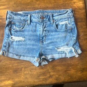 American eagle high rise shortie denim shorts. light wash and distressed. size 8